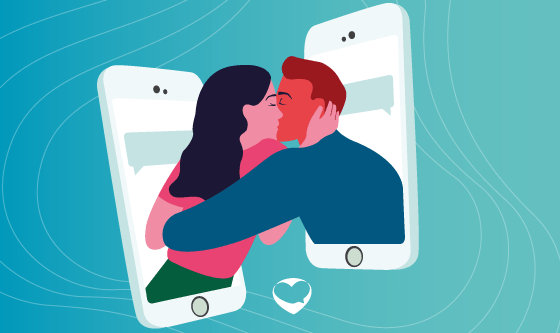 ilustracion pareja besandose en smartphone