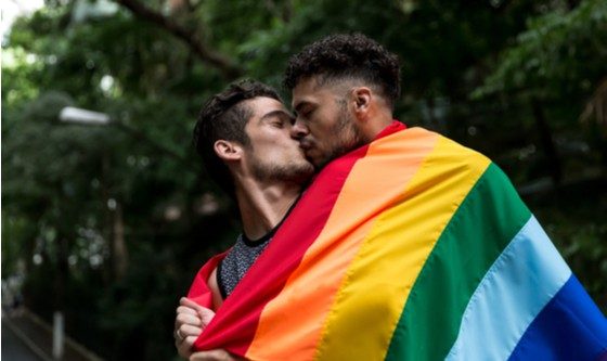 pareja gay con bandera